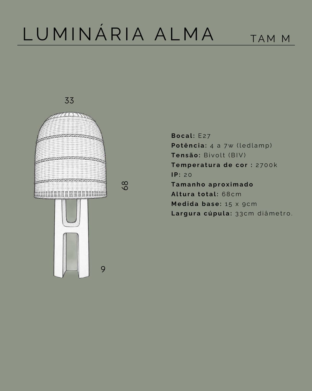 Technical drawing with the dimensions of the Alma Medium lamp
