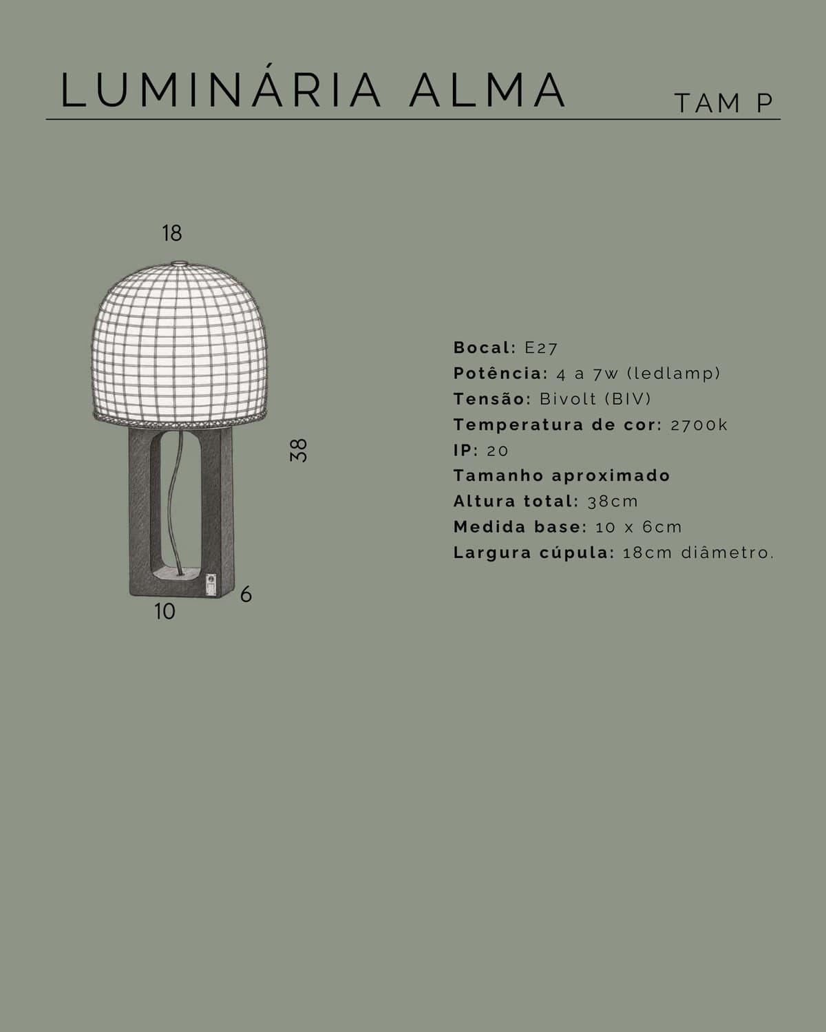 Technical drawing with the dimensions of the Alma Small lamp