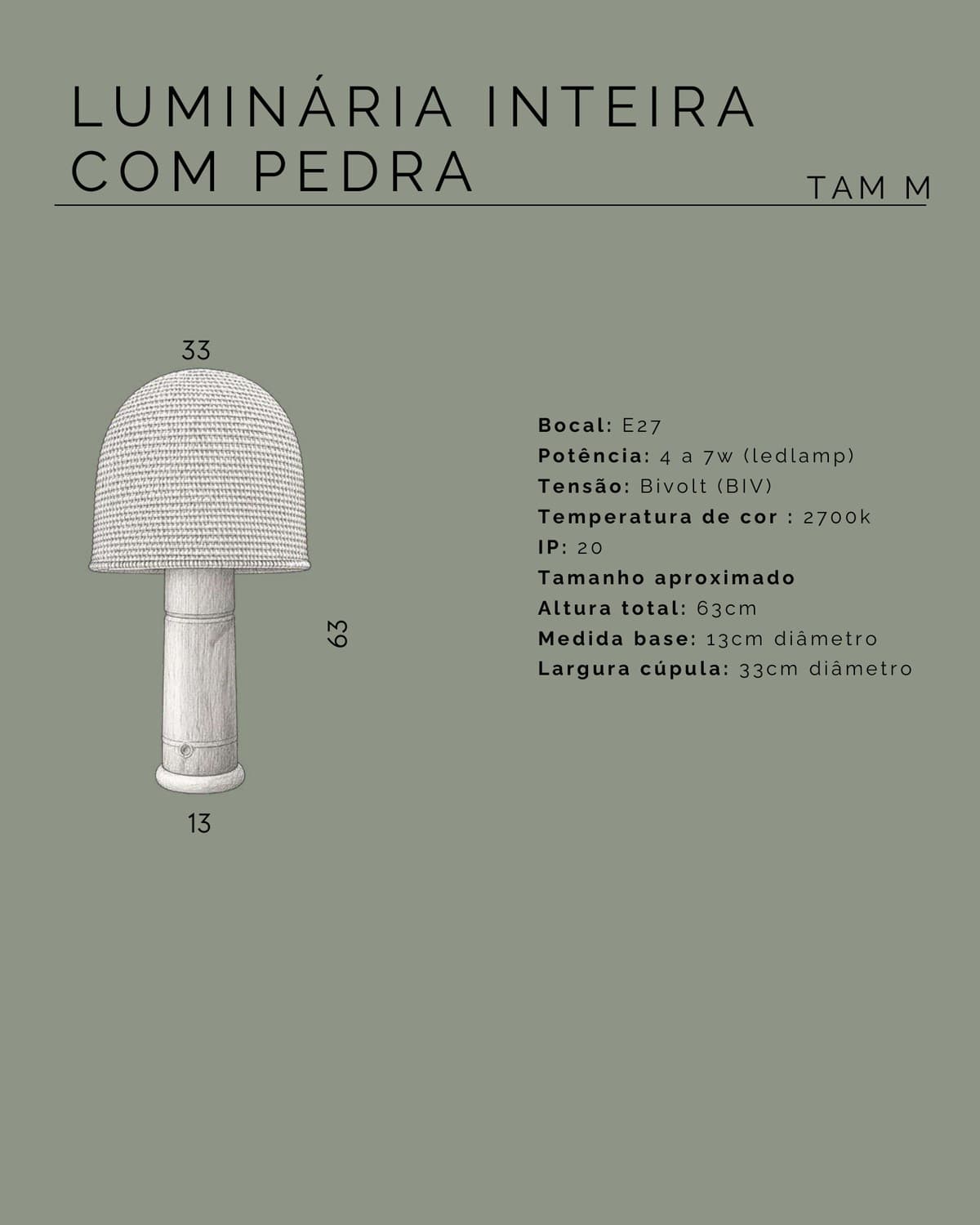 Technical drawing with the dimensions of the Whole Bamboo with Stone, Medium lamp